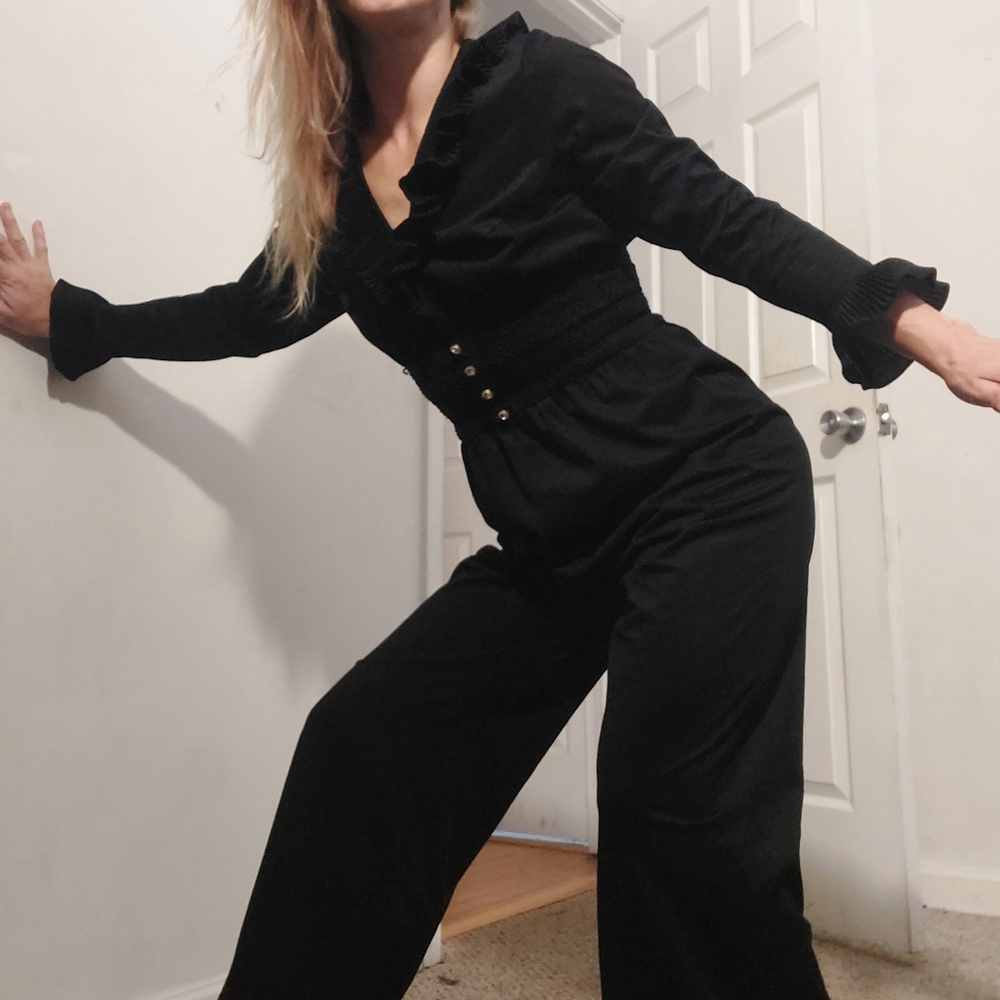 Vintage Black Ruffle-Trimmed Jumpsuit